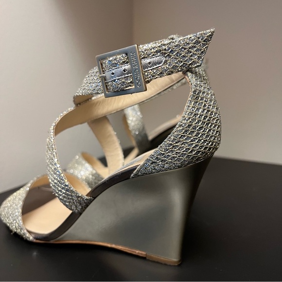 Jimmy Choo 247 Fearne Champagne/Gold Glitter Fabric Wedge Sandal; Size 37.5 - Picture 4 of 10